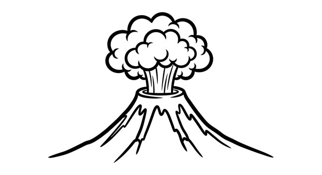 Hand drawn illustration of a volcanic eruption with smoke and lava flow in black and white