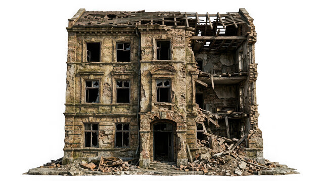 A severely damaged and ruined old brick building, isolated on transparent background
