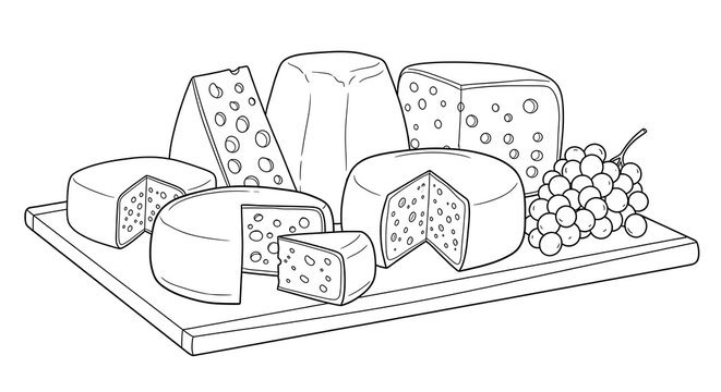 Artistic sketch of a cheese board with various cheeses grapes and a wooden serving platter