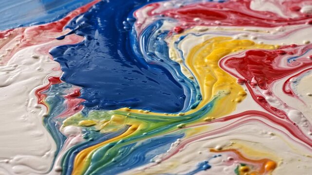 Glossy wet acrylic paint spreading across white surface with cobalt blue pool, yellow and green ribbons, red and white marbling, rich texture, layered pigment and reflective detail