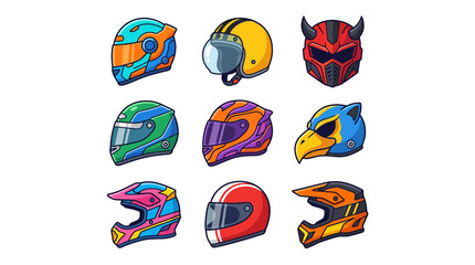Fototapeta premium Graphic set of colorful motorcycle and racing helmets.