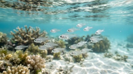 Fototapeta premium Group of small silver fish swimming near a vibrant coral reef