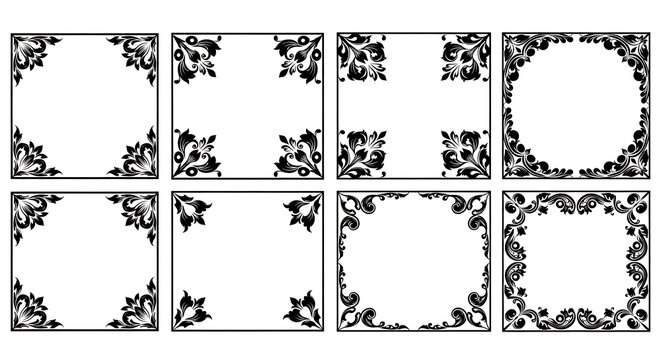 Collection of ornate vintage frames and decorative borders in black and white patterns