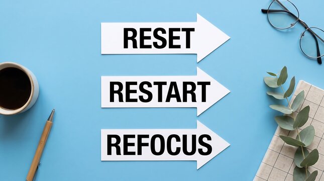 Reset restart and refocus words on arrow signs on blue desk