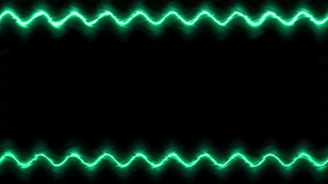 Rectangular horizontal wavy glowing neon shiny green long lines frame with shaking light effect on black background. In the middle there is a place for your own content.