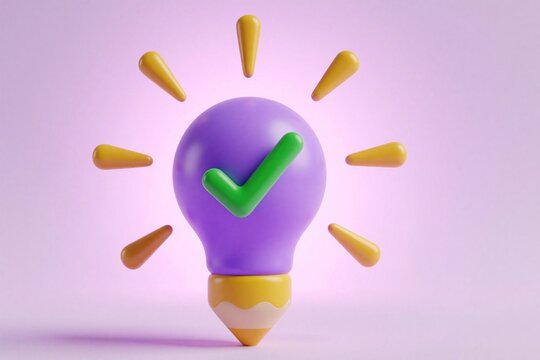 Purple light bulb with green check mark rests on yellow pencil tip, symbolizing a successful creative idea. Rays emanate from the bulb against a soft lilac background, representing innovation.