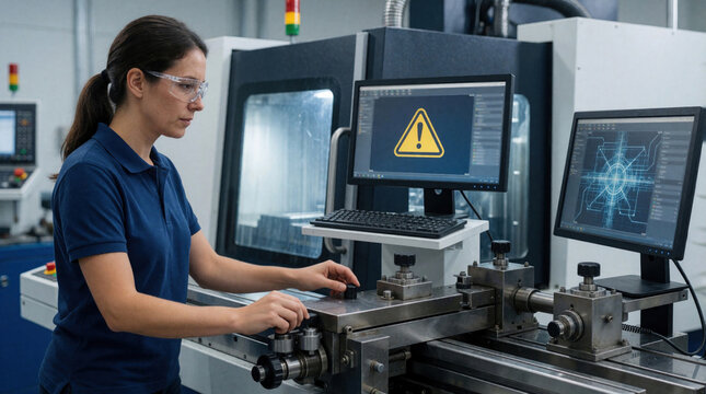 Female technician operates heavy manufacturing machine in modern factory. Woman wears safety glasses watching computer monitor with yellow warning symbol. Professional engineer manages industrial