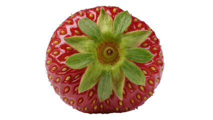 Single ripe red strawberry with green leaves, isolated on transparent background © Luca