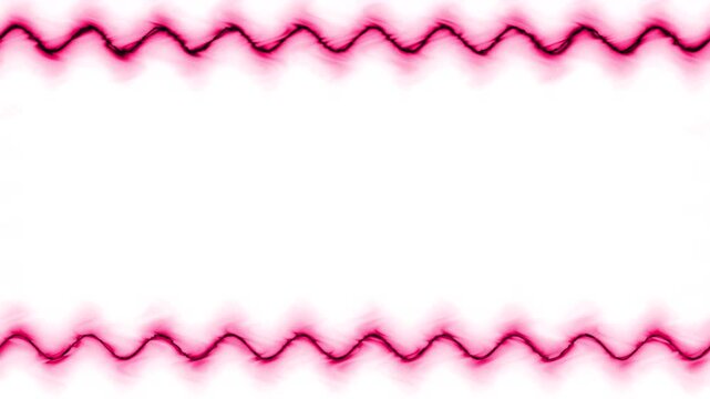 Rectangular horizontal wavy glowing neon shiny red pink long lines frame with shaking light effect on white background. In the middle there is a place for your own content.