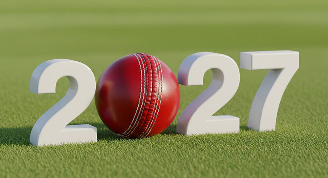 Cricket ball 2027 new year concept, red leather cricket ball with white 3D numbers on green grass, sports tournament championship background