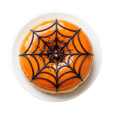 Halloween donut with orange glaze and chocolate spider web isolated on transparent background