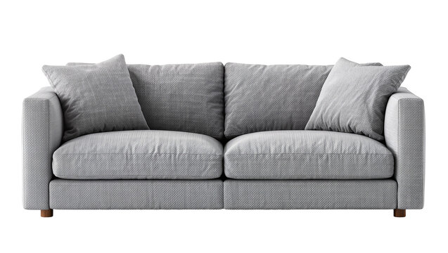 Plush grey fabric sofa with textured cushions, isolated on transparent background
