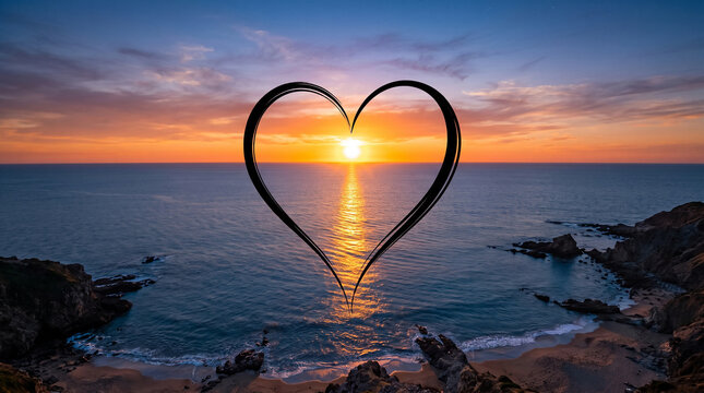 Sunset ocean view black heart outline artistic composition cliffs shimmering reflection emotional landscape natural beauty symbolic inspiration serenity mindfulness   generative ai