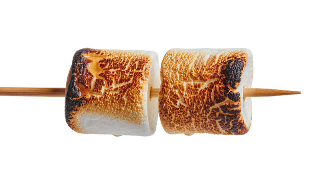 Two toasted marshmallows on a wooden skewer, isolated on transparent background