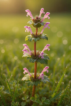 Pink Henbit Dead-Nettle Flowers Blooming in a Spring Meadow