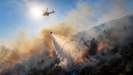 Fototapeta premium Firefighting helicopter dropping water to extinguish a forest wildfire
