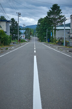 Empty Road Through a Quiet Rural Town in Japan