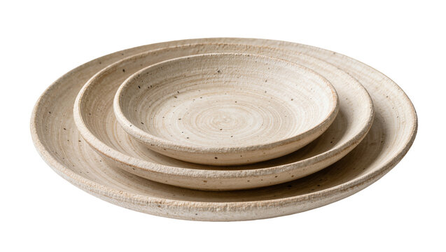 Three stacked ceramic bowls with textured surfaces, isolated on transparent background