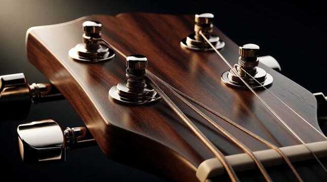 Close up shot of an acoustic guitar headstock shows tuning pegs and strings. The polished wood grain is detailed. Metal tuning machines adjust string tension precisely. Music instrument detail.