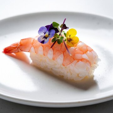 Fresh ebi shrimp nigiri sushi topped with colorful edible flowers on white plate. Gourmet seafood dish served in fine dining restaurant. Elegant Japanese cuisine presentation for culinary menu food