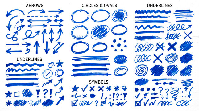 Colecci&oacute;n de elementos gr&aacute;ficos dibujados a mano con marcador azul sobre fondo transparente: flechas, c&iacute;rculos, rayas, estrellas y s&iacute;mbolos para edici&oacute;n de video.