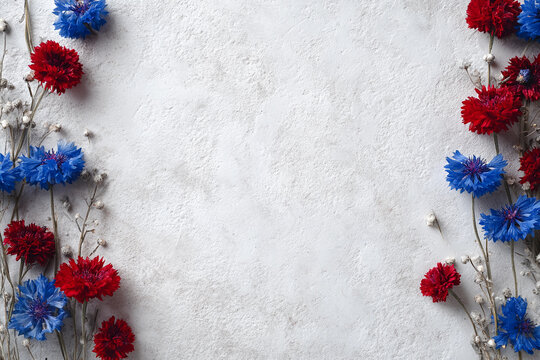Red daisies and blue cornflowers on white wall background. Floral decor and spring flowers concept. For Mother's, Women's Day, st. Valentine. Top view for banner, border, frame with copy space