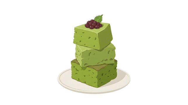 A vector illustration of a stack of three green matcha brownies on a white plate, topped with sweet red beans and a mint leaf, isolated on a white background