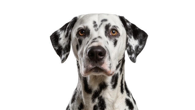 Dalmatian dog with black spots looking forward, isolated on transparent background