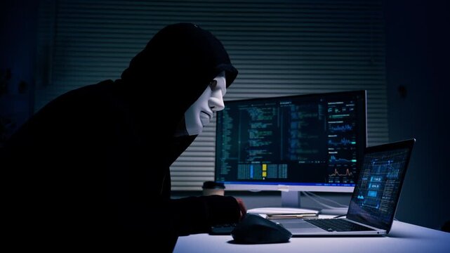 Anonymous hacker wearing mask sitting at desk with laptop and monitor in dark room. cybersecurity concept for it security campaigns, data breach prevention, and technology blogs.	