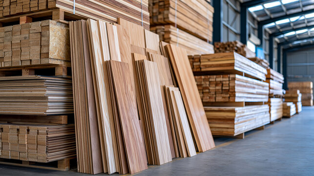 Detailed warehouse corner with mixed wooden boards, plywood, chipboard, MDF and timber stored in pallets, vertical racks, horizontal stacks and leaning arrangements, diverse sizes and natural textur