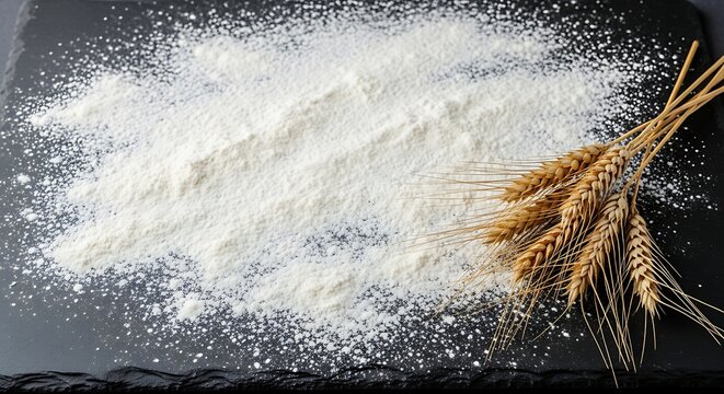 White Flour Spill with Golden Wheat Stalks on Dark Slate