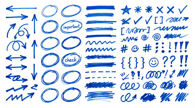 Colecci&oacute;n de elementos gr&aacute;ficos dibujados a mano con marcador azul sobre fondo transparente: flechas, c&iacute;rculos, rayas, estrellas y s&iacute;mbolos para edici&oacute;n de video.