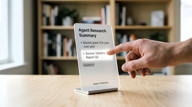 Smart digital interface, man's hand touching hologram, agent research summary data next gen business technology concept
