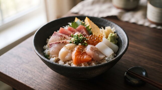 Japanese chirashi don sashimi rice cookbook food photography image