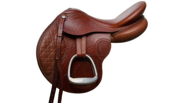Brown leather horse saddle with metal stirrup, isolated on transparent background