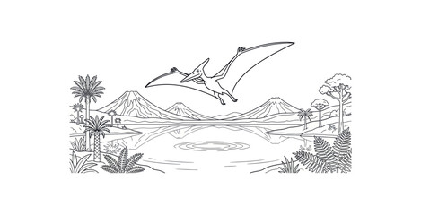 Pterodactyl Prehistoric Landscape Line Art © ROKY