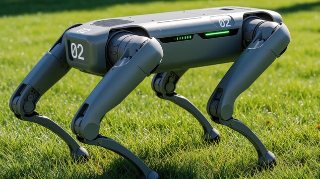 Grey quadruped robot with number 02 stands on green grass field. Advanced AI machine features glowing green LED light. Futuristic robotic dog uses automation tech for outdoor surveillance inspection