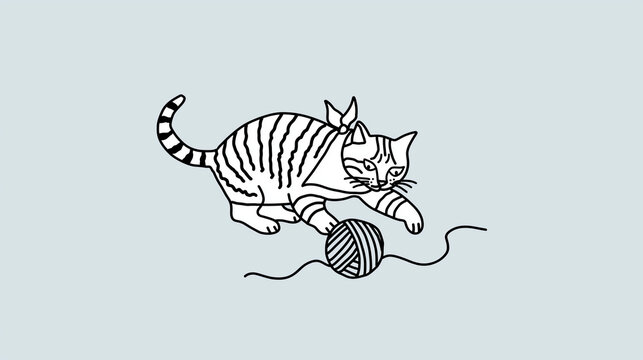 minimal line art tabby cat reaching for yarn ball isolated on white background concept for handmade crafts pet themed products nursery decor and creative projects