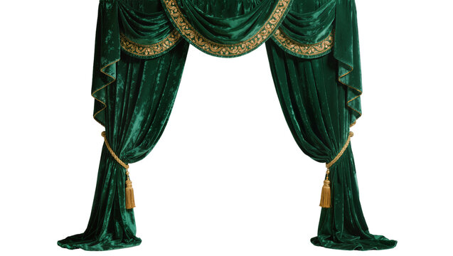 Emerald green velvet drapes with gold trim and tassels, isolated on transparent background