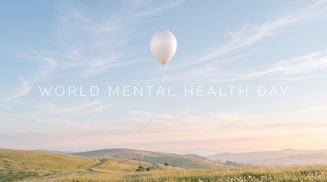 World Mental Health Day serene landscape grassy hills white balloon clear blue sky calm awareness peace well-being mindfulness inspiration wellness positivity balance   generative ai
