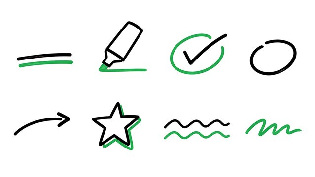 Minimalist black-and-white characters with green underline, marker, check, circle, curve, star, wave and squiggle strokes .