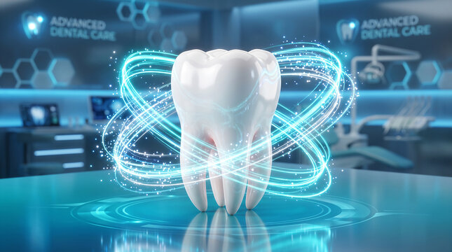 Advanced dental care futuristic clinic glowing white tooth blue light effects innovation oral health technology precision cleanliness modern treatment inspiration   generative ai
