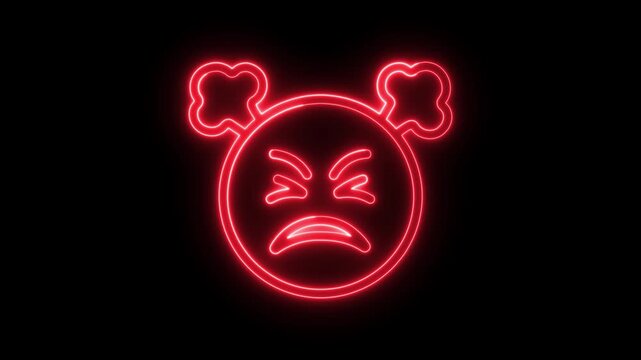 Red neon glowing angry face emoji icon on dark black background