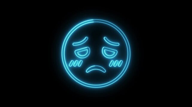 Sad animated glowing blue neon emoji face icon with flickering lights on dark background