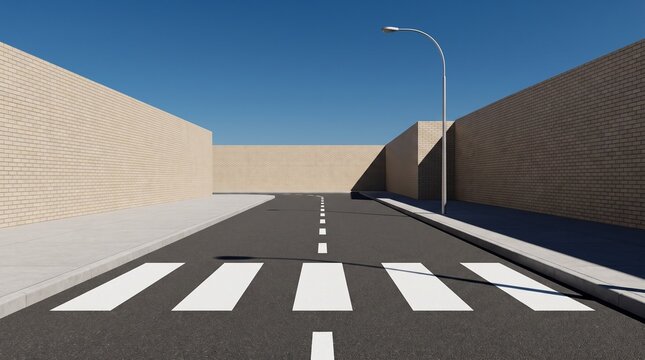 Road with white crosswalk between tan brick walls in 3D render.