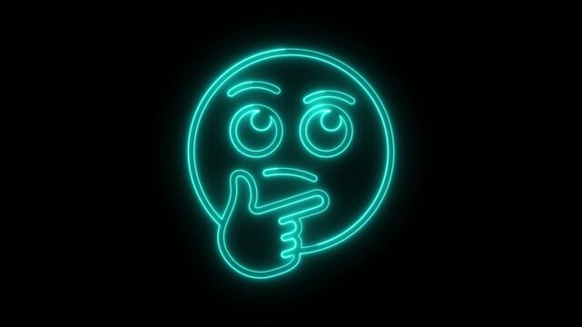 Glowing blue neon thinking face emoji icon symbol on black background