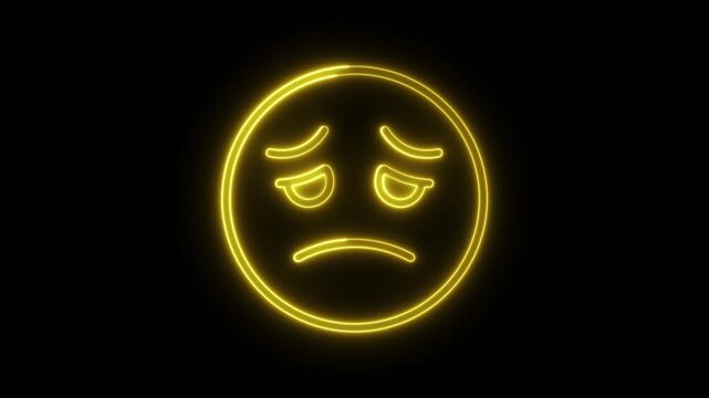 Glowing yellow neon sad emoji sign isolated on black background