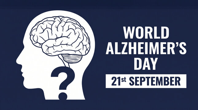 World Alzheimer&rsquo;s Day poster with human head profile brain illustration question mark dark blue background white text September 21 awareness support and understanding   generative ai