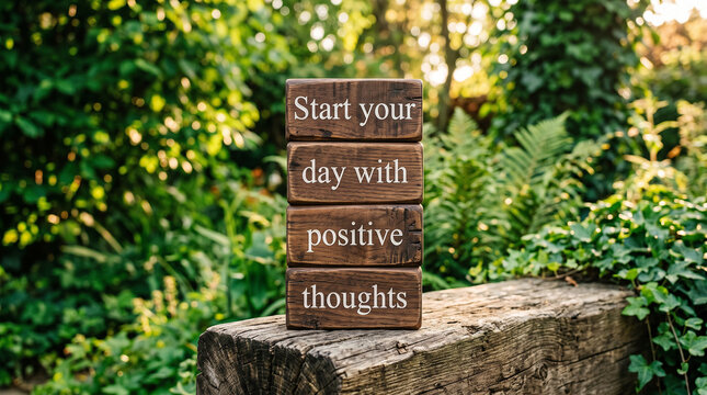   Motivational poster with stacked wooden blocks outdoors lush green foliage sunlight positive quote start your day with uplifting thoughts mindfulness optimism serenity generative ai