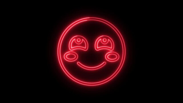 Glowing red neon cute emoji face animation loop with blushing cheeks on dark background